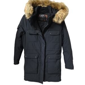 ORORO Womens Heated Thermolite Black Parka with Faux Fur Hood Size Small